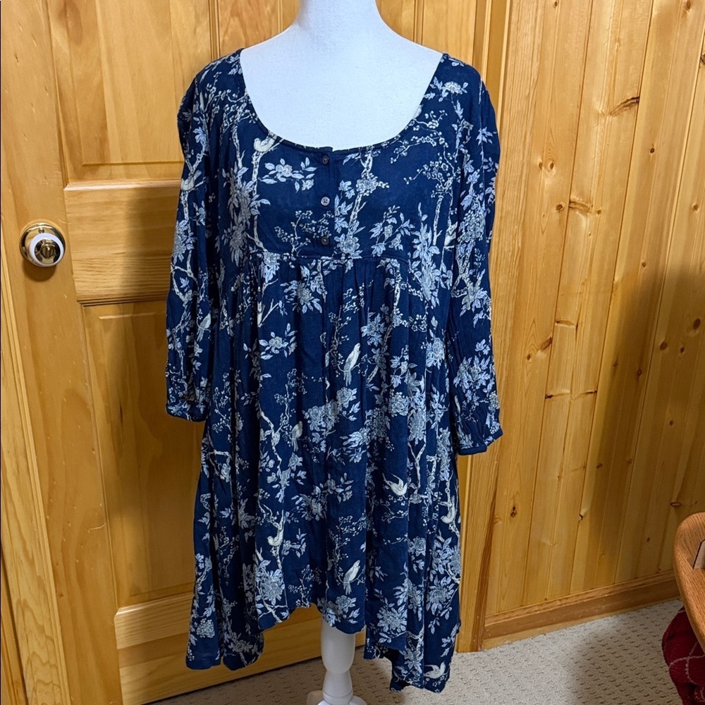 Ralph Lauren Denim & Supply Large Blue Floral/Bird Scoop-Neck Babydoll Dress.